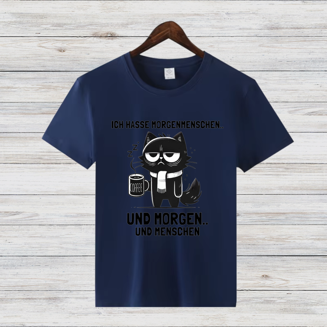 Morgenmuffel Katze | Lustiges Statement-Shirt | Humorvolles Design für Wintertage | Damen T-Shirt aus Baumwolle