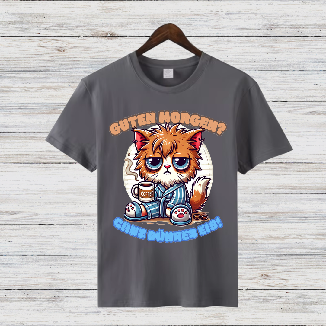 Schlafmuffel Katze | Lustiges Morgenmuffel-Shirt | Humorvolles Katzen-Design | Statement-Shirt für Kaffeeliebhaber