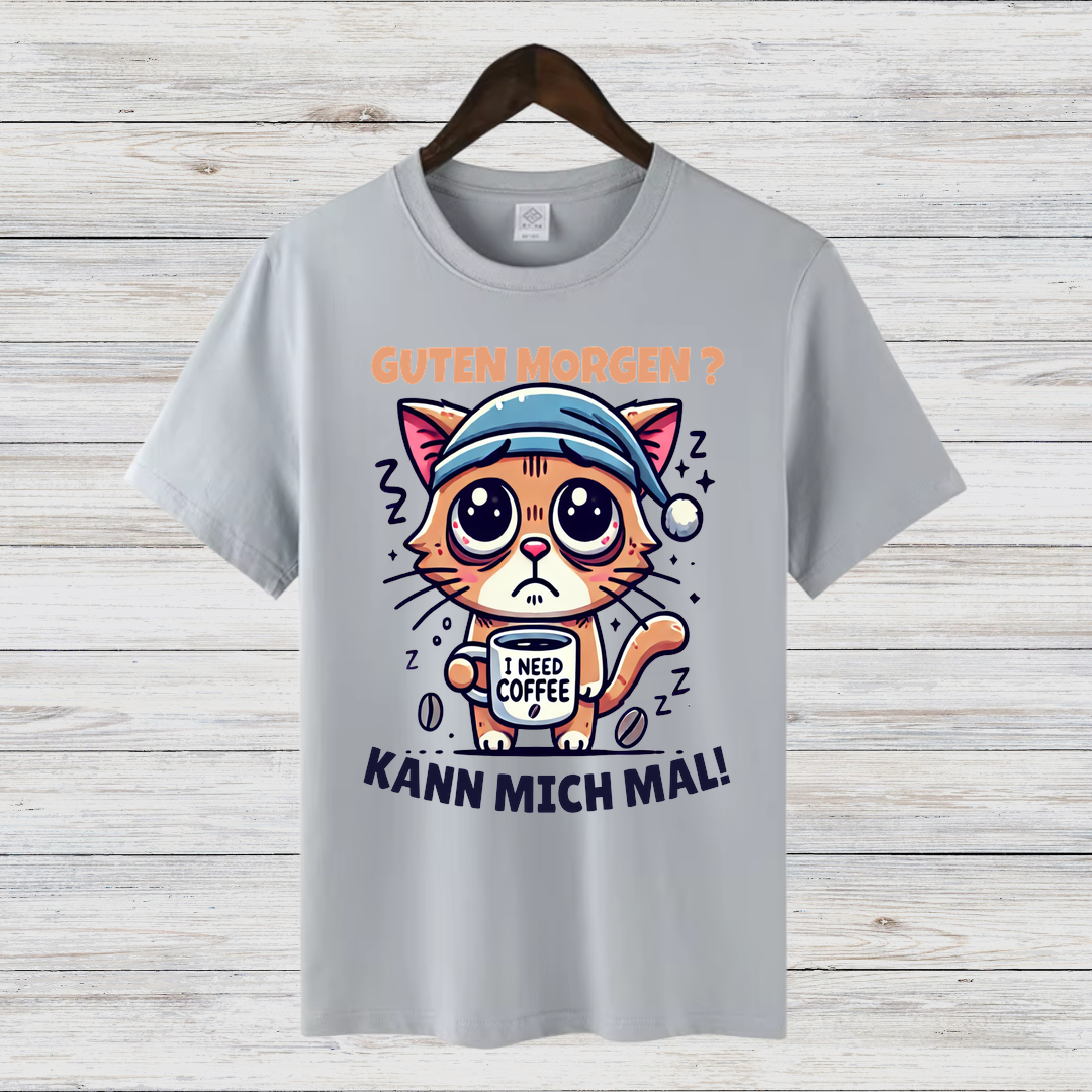 Guten Morgen Katze | Lustiges Kaffeeliebhaber-Shirt | Humorvolles Design für Wintertage | Statement-Shirt für Katzenfans
