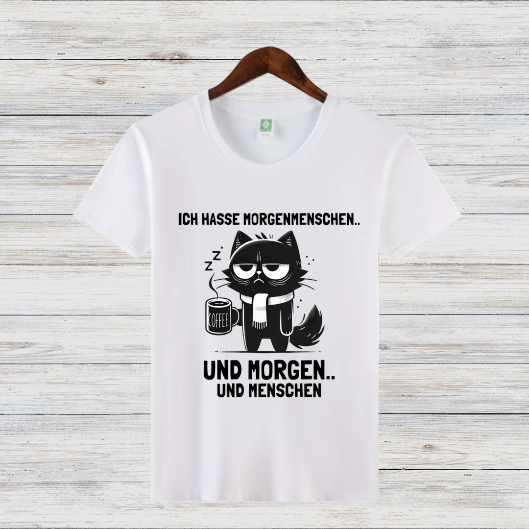 Morgenmuffel Katze | Lustiges Statement-Shirt | Humorvolles Design für Wintertage | Damen T-Shirt aus Baumwolle