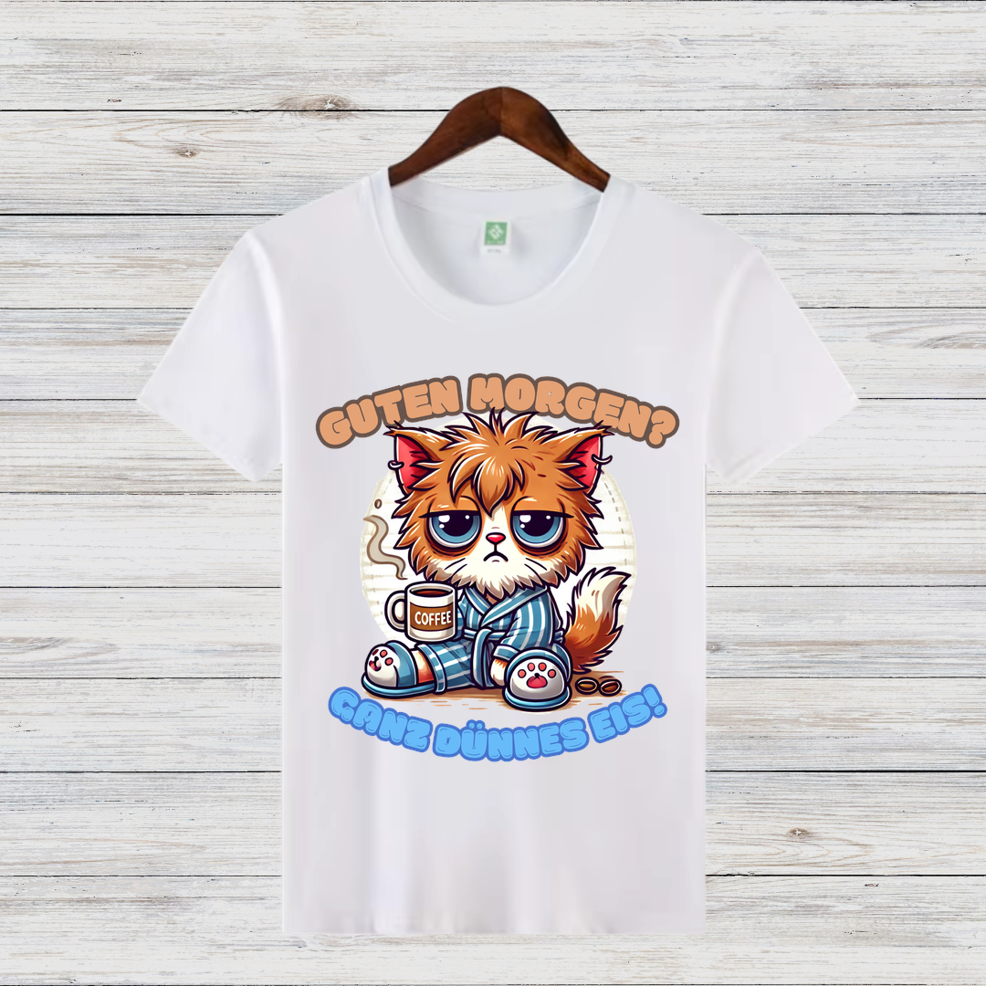 Schlafmuffel Katze | Lustiges Morgenmuffel-Shirt | Humorvolles Katzen-Design | Statement-Shirt für Kaffeeliebhaber