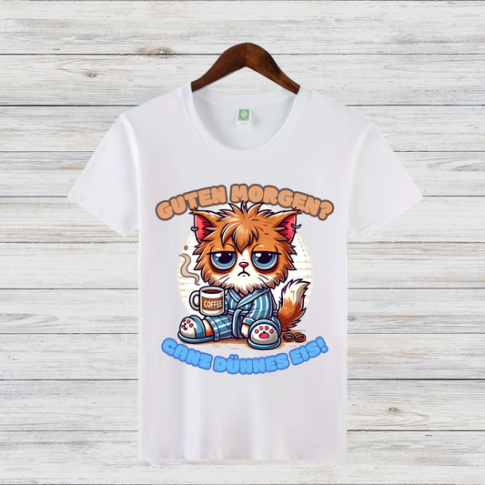 Schlafmuffel Katze | Lustiges Morgenmuffel-Shirt | Humorvolles Katzen-Design | Statement-Shirt für Kaffeeliebhaber