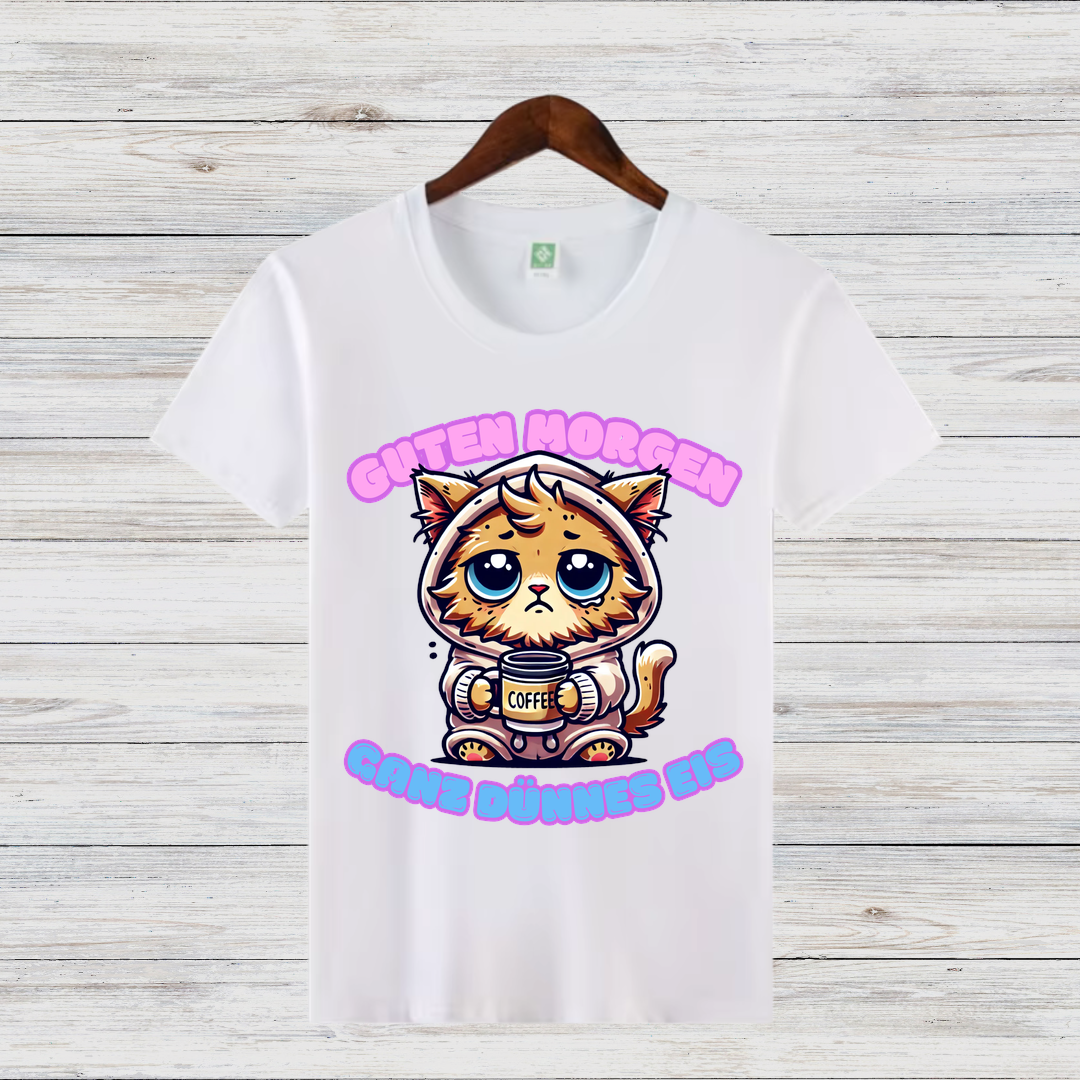 Guten Morgen Katze | Lustiges Wintershirt | Niedliches Katzen-Design | Statement Shirt für Kaffeeliebhaberinnen