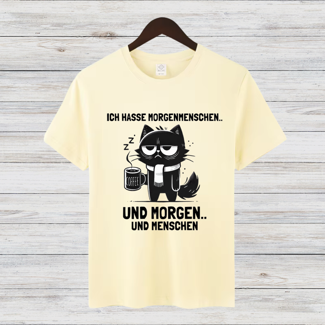 Morgenmuffel Katze | Lustiges Statement-Shirt | Humorvolles Design für Wintertage | Damen T-Shirt aus Baumwolle