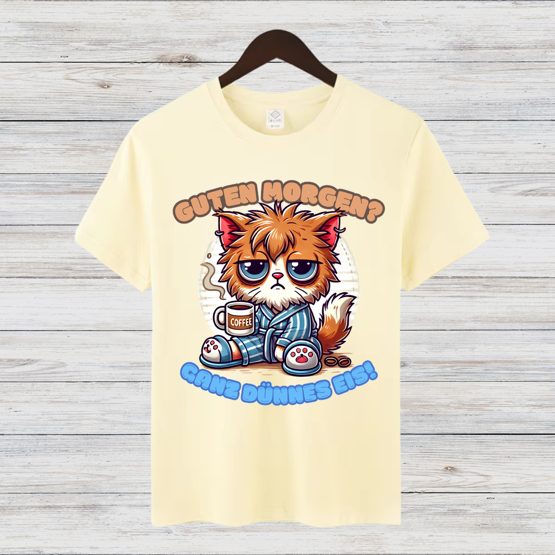 Schlafmuffel Katze | Lustiges Morgenmuffel-Shirt | Humorvolles Katzen-Design | Statement-Shirt für Kaffeeliebhaber