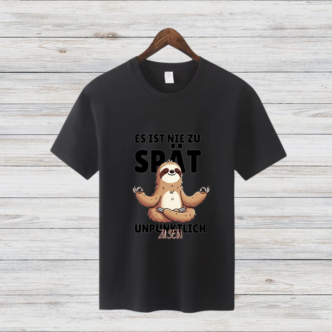 Es ist nie zu spät Faultier | Lustiges Statement Shirt | Humorvolles Design | Yoga & Faultier-Lifestyle | Damen T-Shirt
