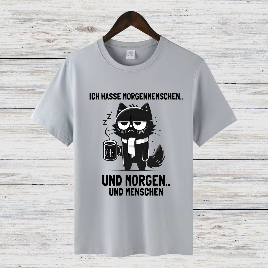 Morgenmuffel Katze | Lustiges Statement-Shirt | Humorvolles Design für Wintertage | Damen T-Shirt aus Baumwolle