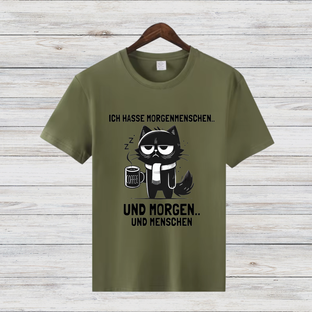 Morgenmuffel Katze | Lustiges Statement-Shirt | Humorvolles Design für Wintertage | Damen T-Shirt aus Baumwolle