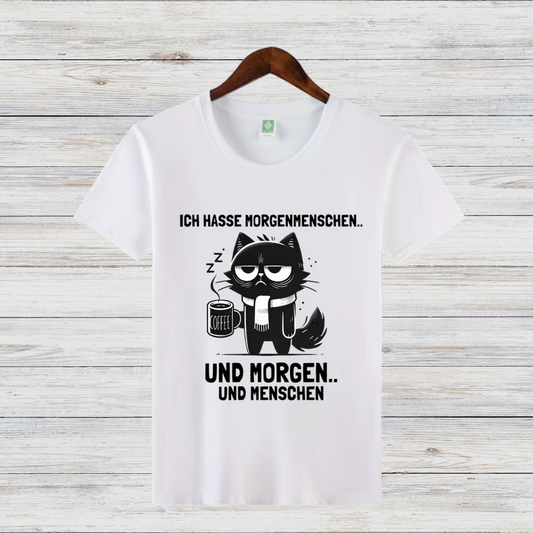 Morgenmuffel Katze | Lustiges Statement-Shirt | Humorvolles Design für Wintertage | Damen T-Shirt aus Baumwolle