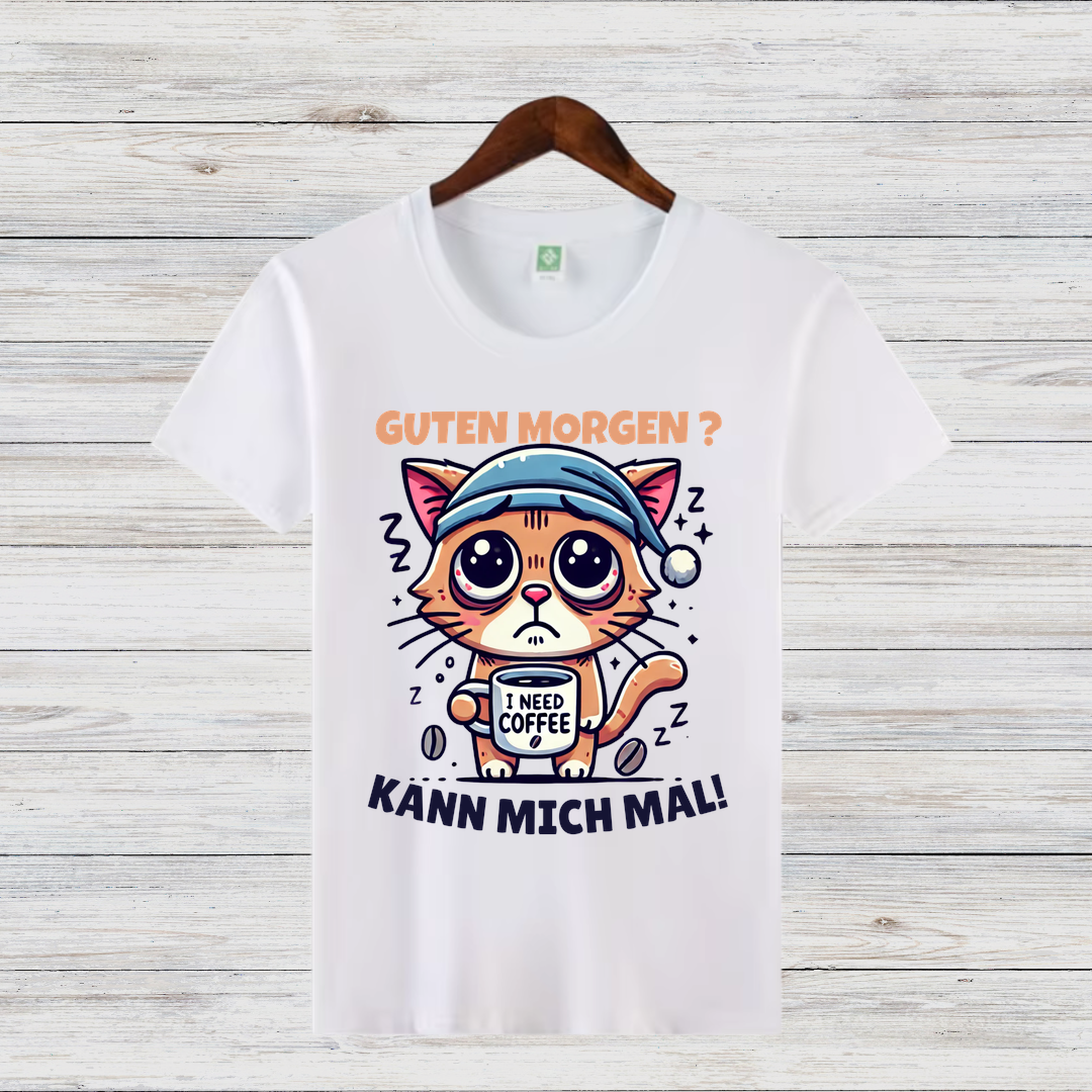 Guten Morgen Katze | Lustiges Kaffeeliebhaber-Shirt | Humorvolles Design für Wintertage | Statement-Shirt für Katzenfans