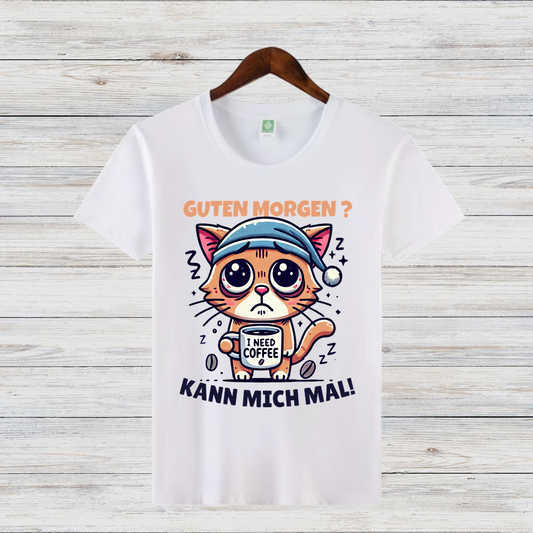 Guten Morgen Katze | Lustiges Kaffeeliebhaber-Shirt | Humorvolles Design für Wintertage | Statement-Shirt für Katzenfans