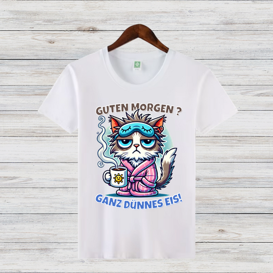 Guten Morgen Katze | Lustiges Statement Shirt | Humorvolles Design für Morgenmuffel | Damen T-Shirt für Wintertage